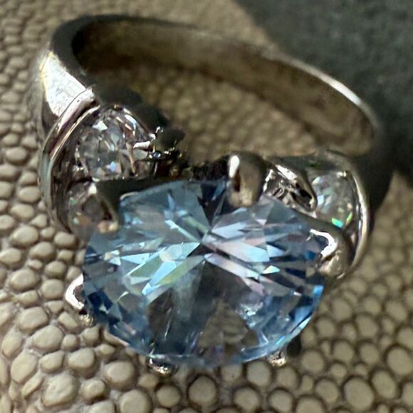 Statement Silver Tone Ring Large Blue Stone Round Cut Side Accents Size 9 - Picture 6 of 17